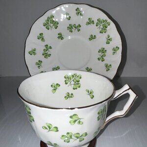 Aynsley Fine Bone China England Shamrock Tea Cup & Saucer, Gold Trim, Vintage